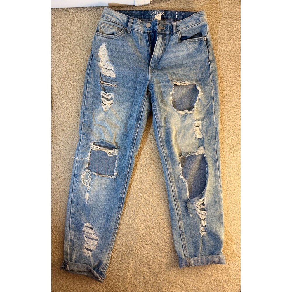 Refuge Denim Mom Classic Y2K High Rise Ripped Distressed Jeans Light Blue Y2K